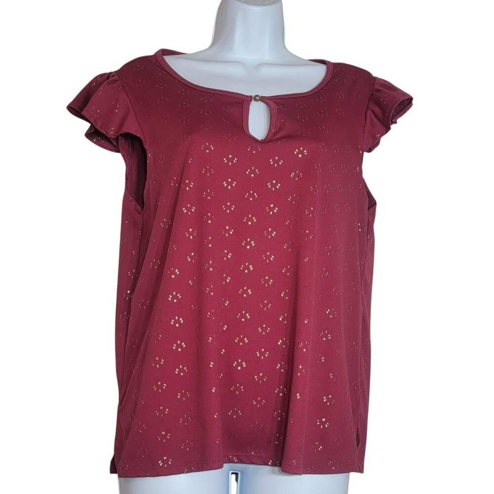 Alex & Parker Top, Women L, Red w/Gold Geometric Print, Cap Ruffle Sleeve, EUC